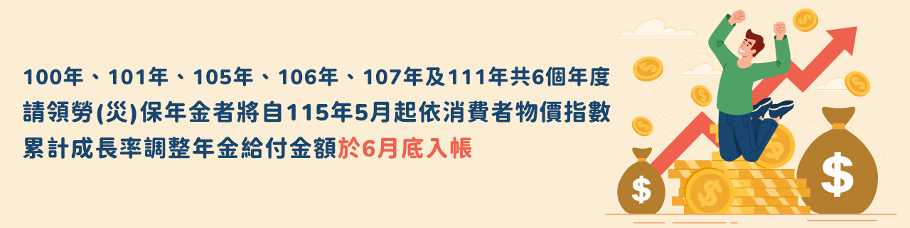100年、101年、105年、106年、107年及111年共6個年度請領勞(職)保年金者將自115年5月起依消費者物價指數累計成長率調整年金給付金額，於6月底入帳。