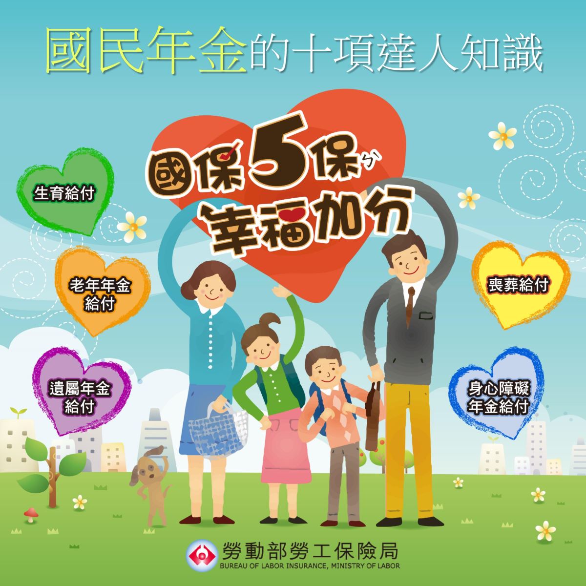 國民年金(簡稱國保)是我國在97年10月1日開辦的社會保險制度，提供老年年金、身心障礙年金、遺屬年金、生育給付以及喪葬給付等五大給付，讓未參加勞保、農保、公保或軍保的國民在遭逢生育、重度以上身心障礙或死亡事故時，本人或遺屬也有經濟生活的基本保障
