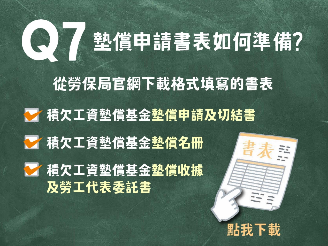 從勞保局官網下載積欠工資墊償基金墊償申請及切結書、積欠工資墊償基金墊償名冊、積欠工資基金墊償收據及勞工代表委託書
