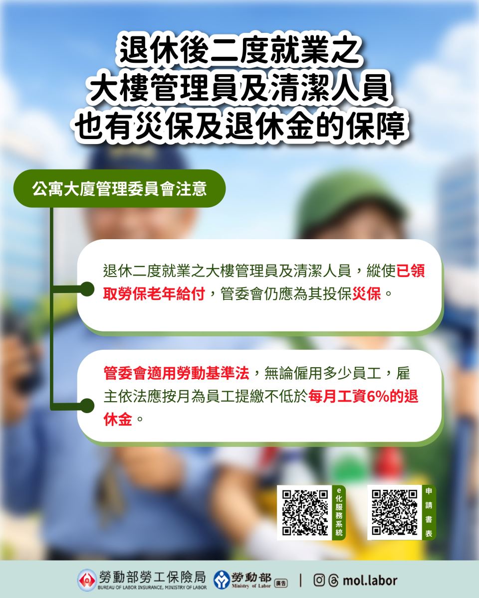 退休後二度就業之大樓管理員及清潔人員也有災保及退休金的保障