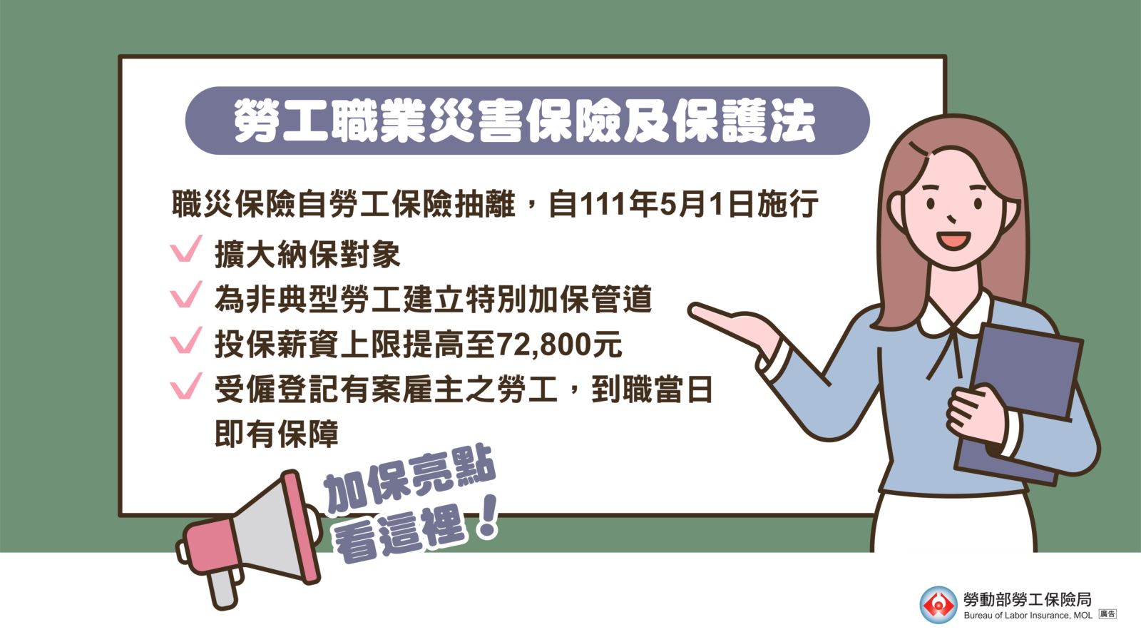勞工職業災害保險及保護法自111年5月1日施行，重點包含擴大納保對象、提高投保薪資上限，及受僱登記有案雇主的勞工，到職當日即有保障。