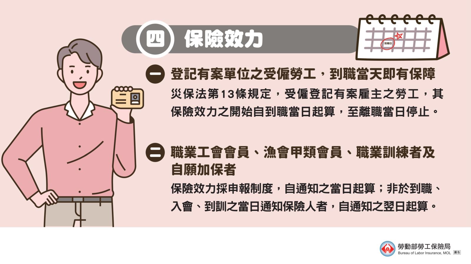 登記有案單位之受僱勞工，災保保險效力自到職當日起算。至職業工會會員、漁會甲類會員、職業訓練者及自願加保者之保險效力自通知當日起算。
