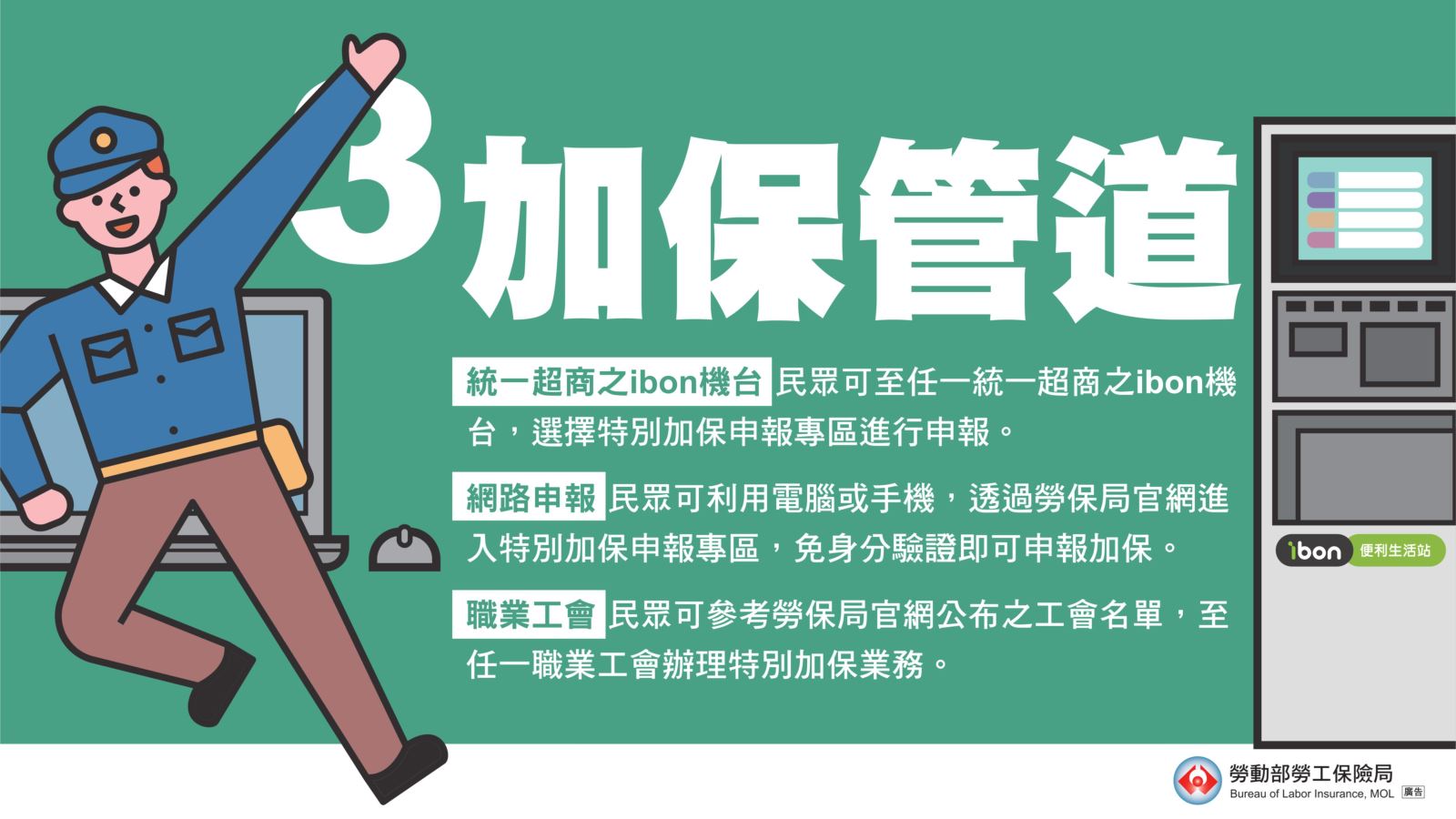 加保管道包括統一超商的ibon機台、勞保局官網或官網公布的職業工會。