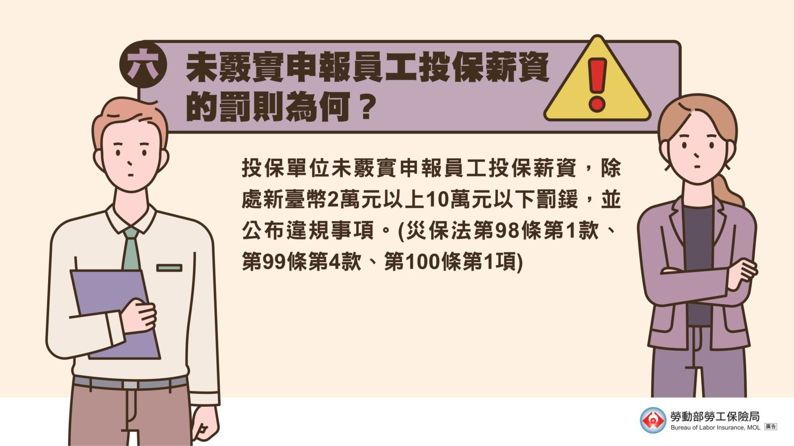 未覈實申報員工投保薪資將核處2萬元以上10萬元以下罰鍰，並公布違規事項。