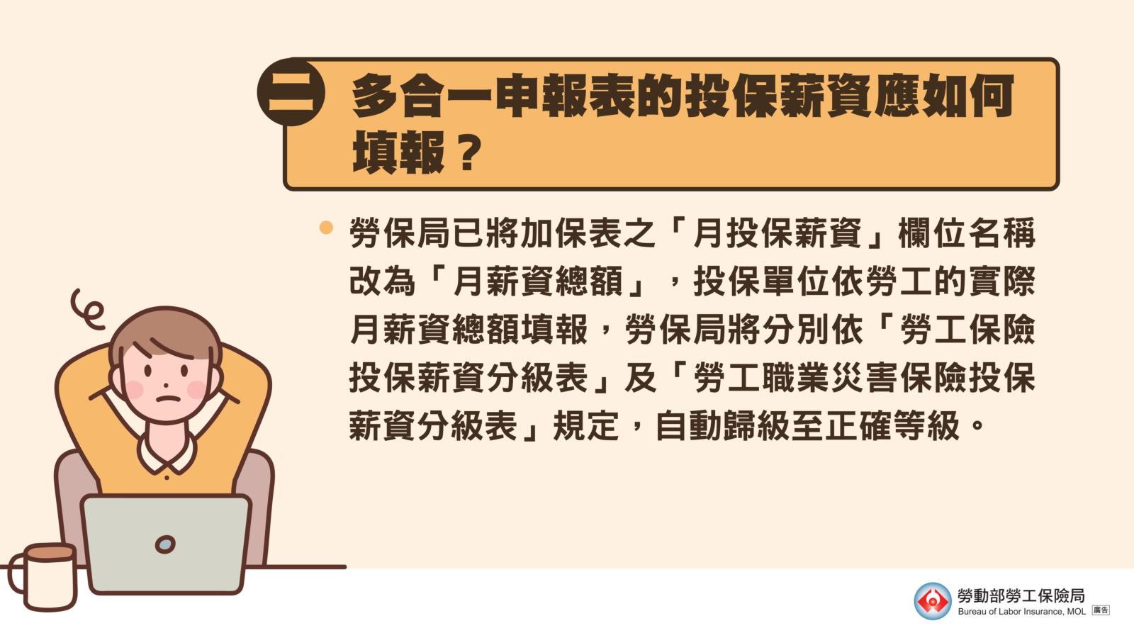投保單位直接按勞工的實際月薪資總額填報，勞保局會分別依勞保及災保的投保薪資分級表規定自動歸級。