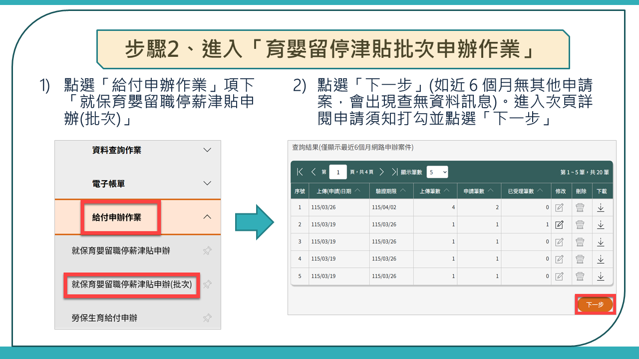 步驟2、進入「育嬰留停津貼批次申辦作業」