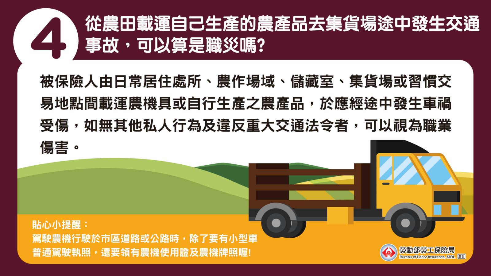 4.如果是從農田載運自己生產的農產品去集貨場途中發生交通事故，可以算是職災嗎？被保險人如果在居住處所、農作場域、儲藏室、集貨場或習慣交易地點之間，因為載運農機具或自產農產品，在應經過的路線上發生車禍受傷，沒有發生私人行為並且沒有違反重大交通法令，可以視為職業傷害