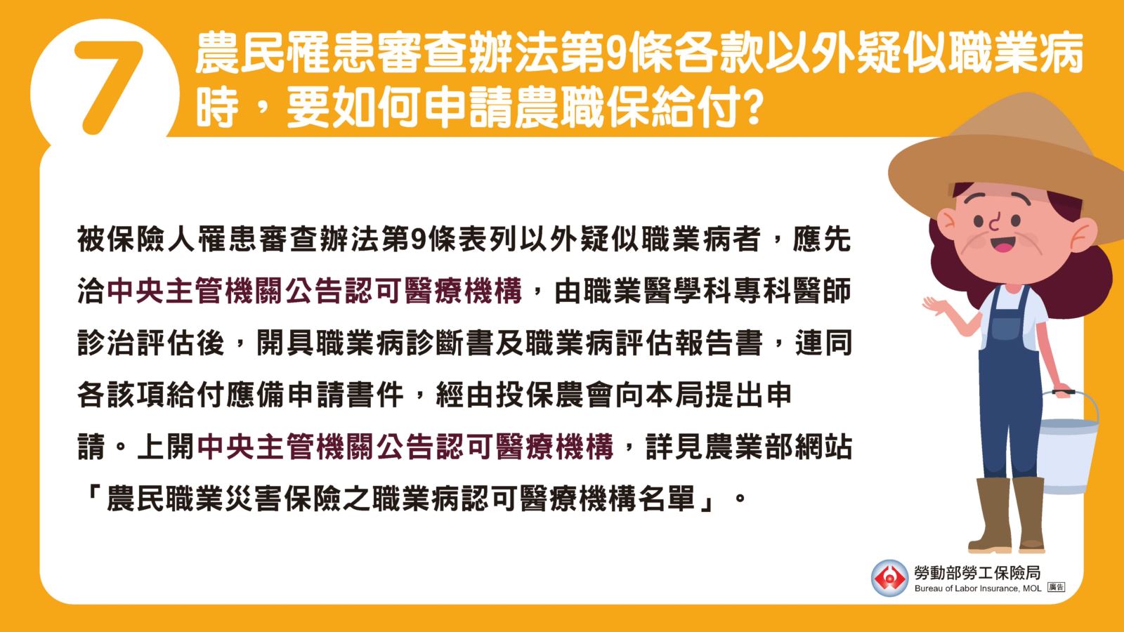 7.農民因從事農作而罹患第九條各款以外疑似職業病時，要如何申請農職保給付呢？申請非表列職業病應該到中央主管機關公告認可的醫療機構，由職業醫學科專科醫師進行診治與評估，並開具職業病診斷書以及職業病評估報告書。準備好相關應備文件後，再經由投保農會向勞保局提出申請