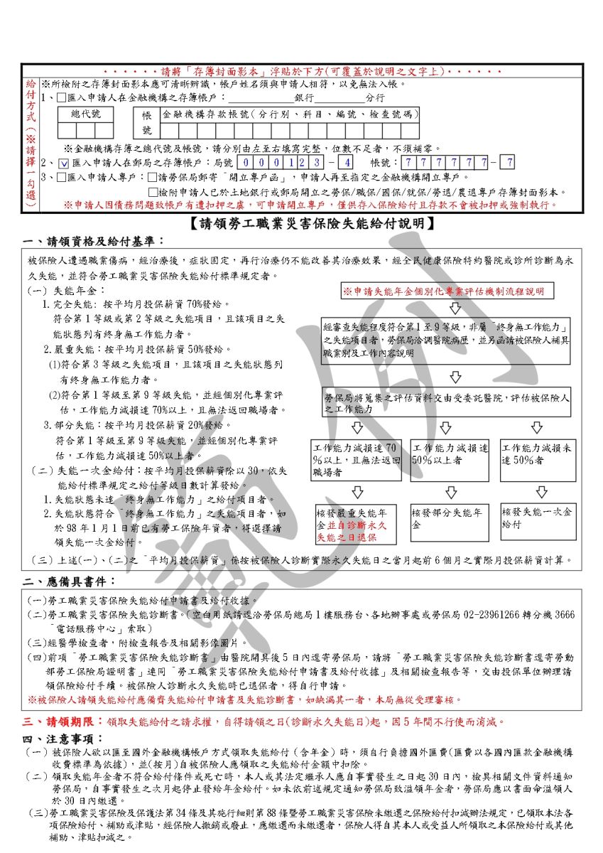 勞工職業災害保險失能給付申請書及給付收據範例(反面)