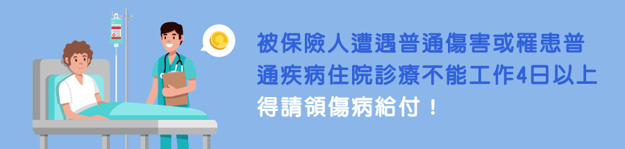 被保險人遭遇普通傷害或罹患普通疾病住院診療不能工作4日以上，得請領傷病給付！