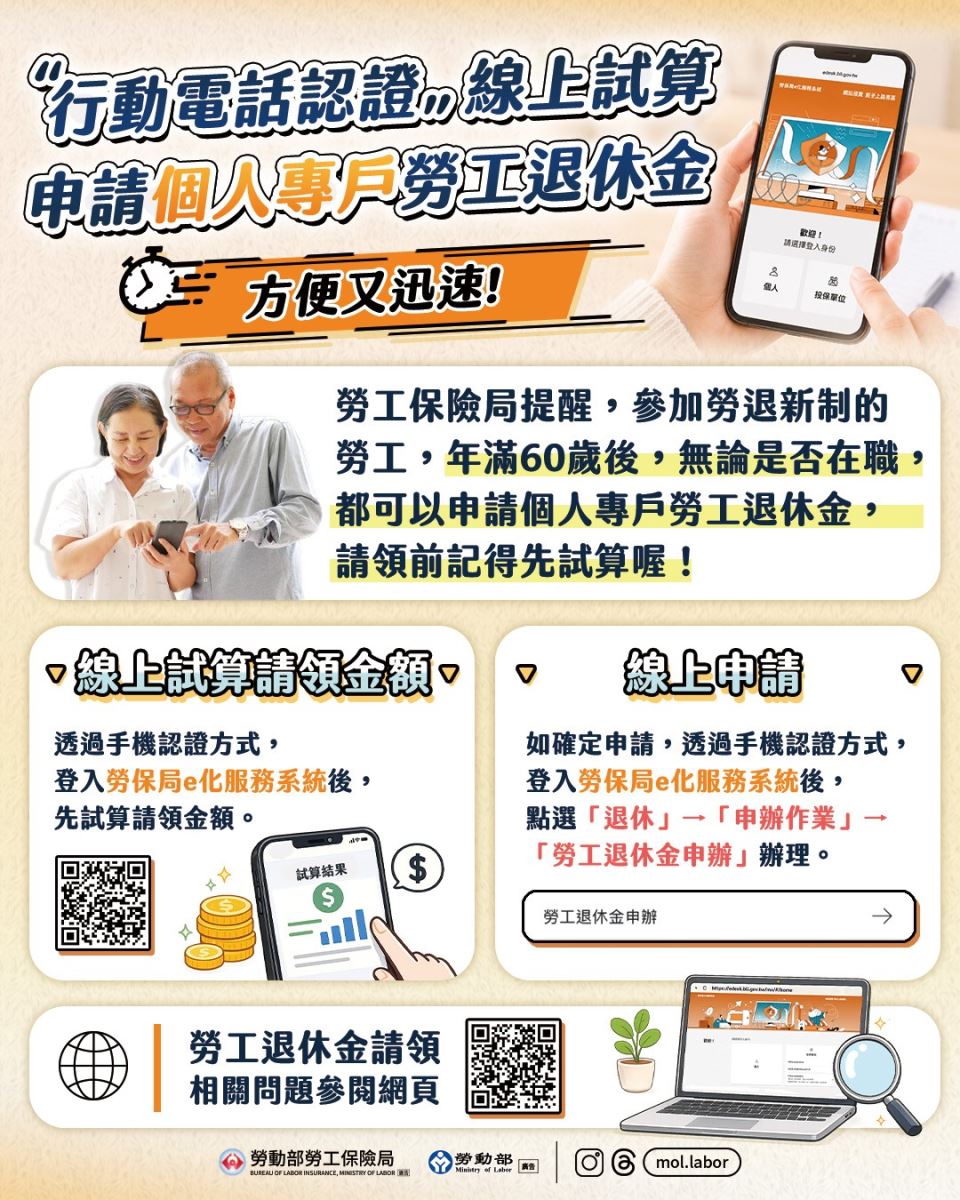 「行動電話認證」線上試算、請領個人專戶退休金,方便又迅速